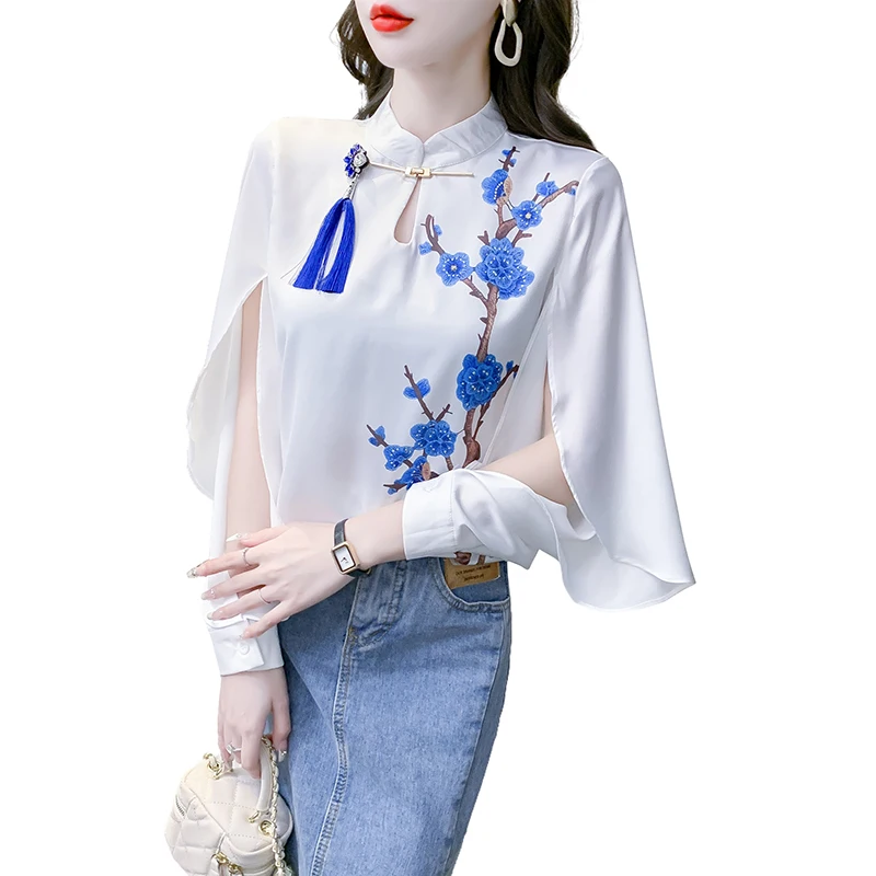 Chiffon Women\'s Shirts Summer 2023 New Floral Chinese Style Blouses Loose Long Sleeves Hollow Top O-Neck Clothing