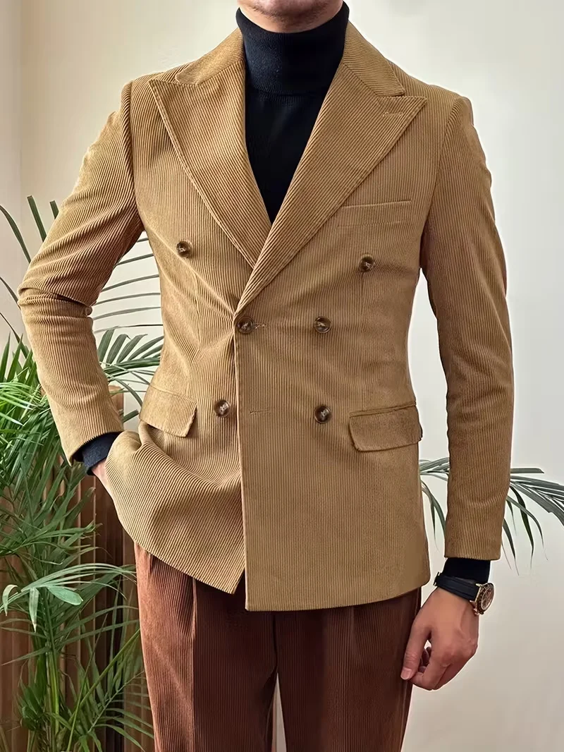 

Corduroy men's Blazers Double breasted sport casual men's suit jacket Elegant men's spring Autumn corduroy Jacket Man Coat