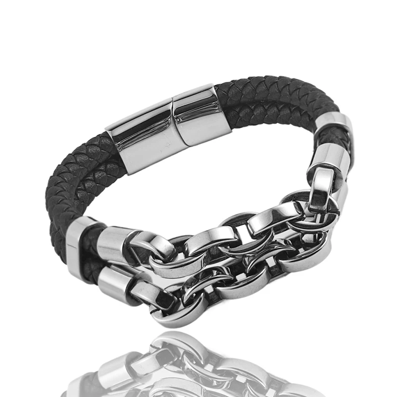Mehrschichtiges Herren-Lederarmband mit Edelstahl-Mechanik-Elementen, kubanische Kette, geometrisches Muster, Armreifen für Herren, Schmuckgeschenk – Detail 9