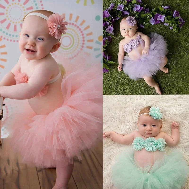 New Baby Newborn Photography Props Cute Princess Infant Costume Outfit with Flower Headband Baby Girl Summer Dress Tutu Skirt