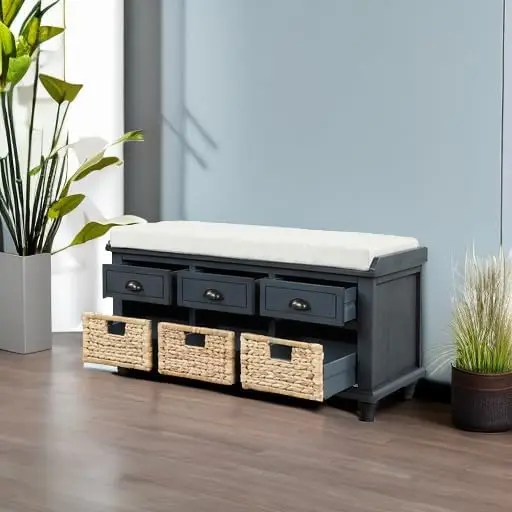 Wood Storage Bench 3 Drawers, 3 Rattan Baskets, Removable Cushion, Antique Navy