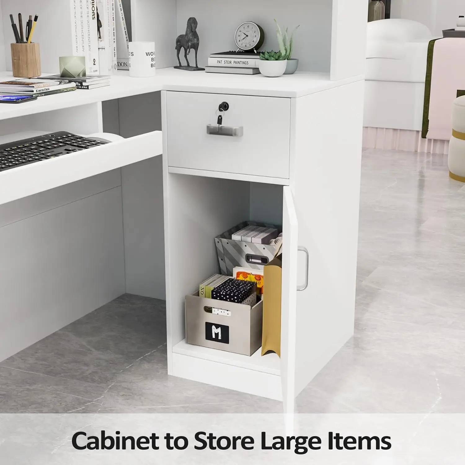 Modern Reception Desk, L-Shaped Front Desk with Moveable Shelves and Lockable Drawers, Retail Checkout Counter Table, for Lobby