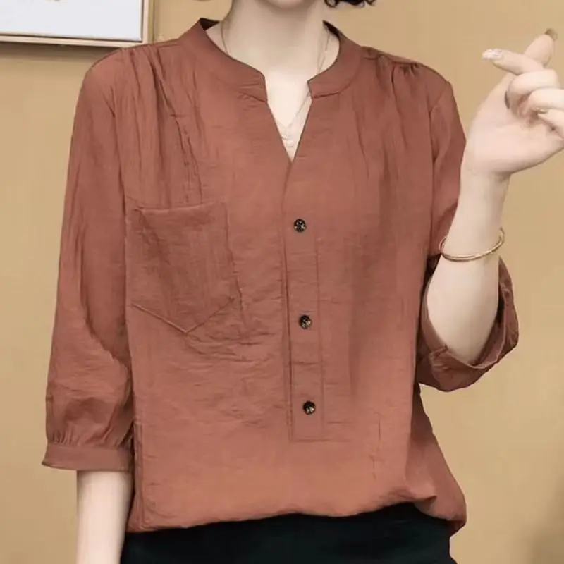 

Loose Summer Thin Large Size Fashionable Design Temperament Slimming Mom Solid Color Mid sleeve Shirt Top