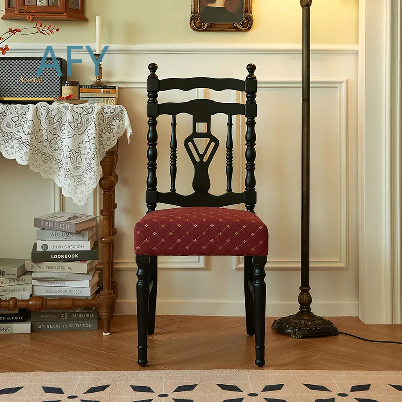 Black Knight Dining Chair for Modern Home Decor French Vintage Solid Wood Accent Chair for Bedroom Vanity Desk with Backrest