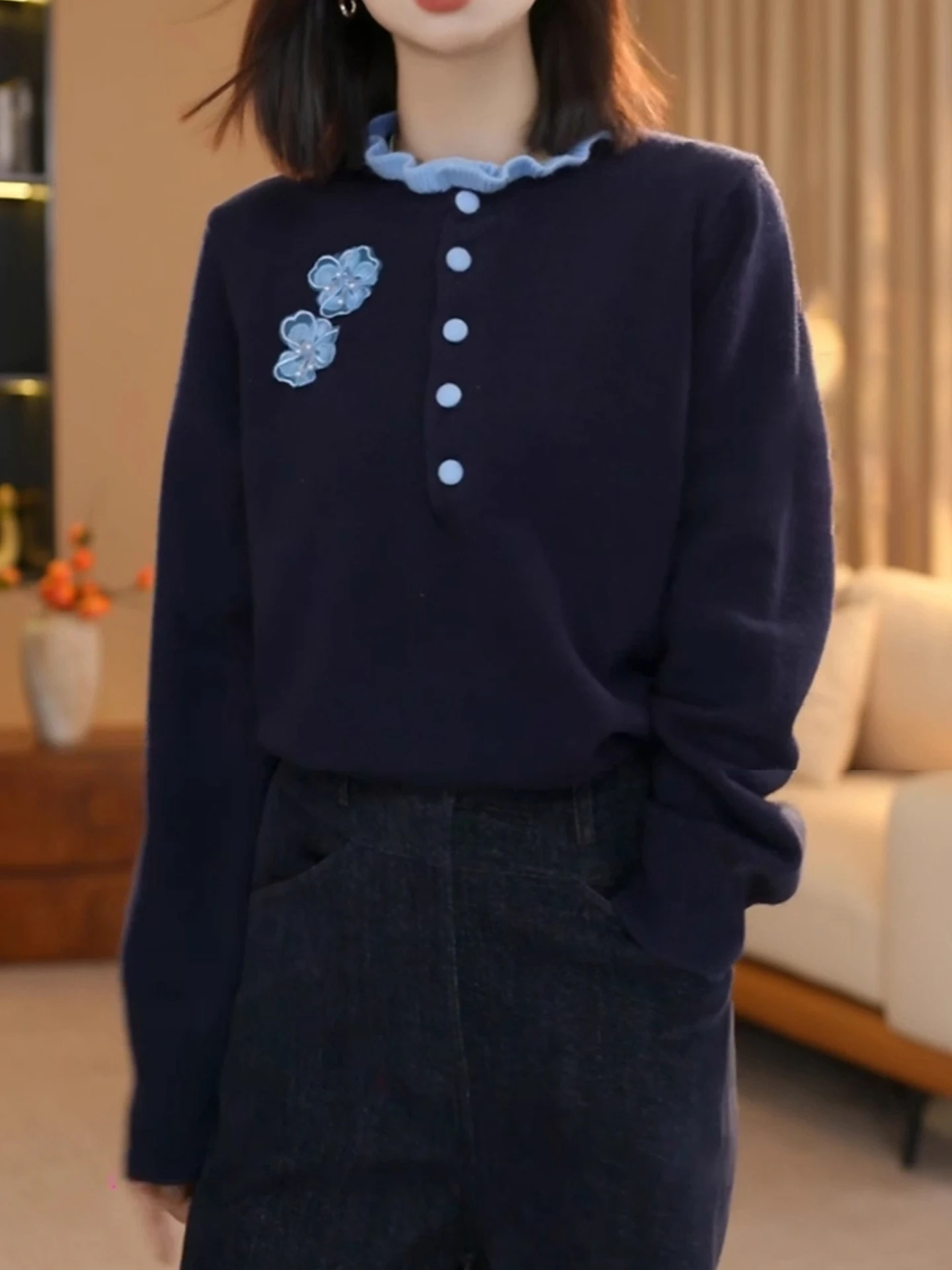 Ele Maglione lavorato a maglia lungo Sve Semplice lusso con bottoni F Design Pendolarismo Sle Top da donna Faionable Autunno Inverno