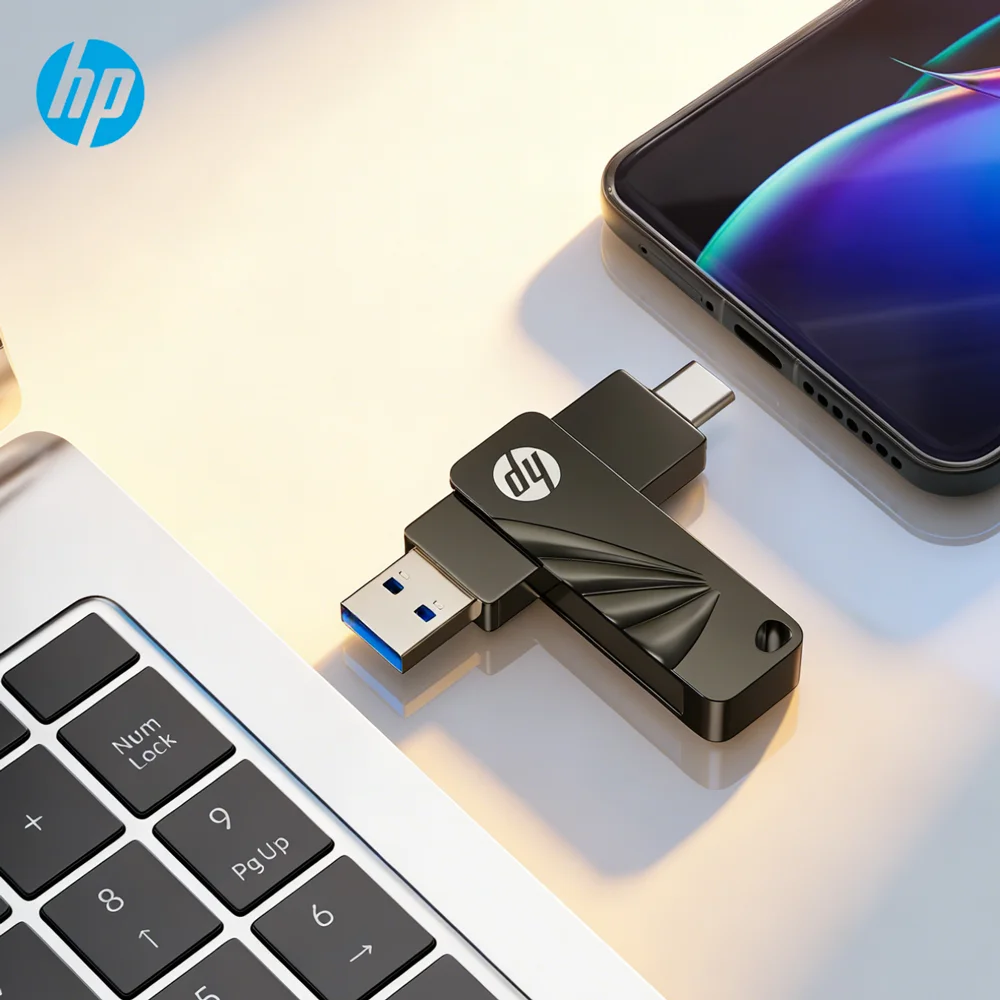 Pen drive HP Original OTG USB 3.2 Tipo-C com interface dupla para dispositivos Android, com capacidades de 64GB, 128GB e 256GB, alta velocidade de 120Mb/s.