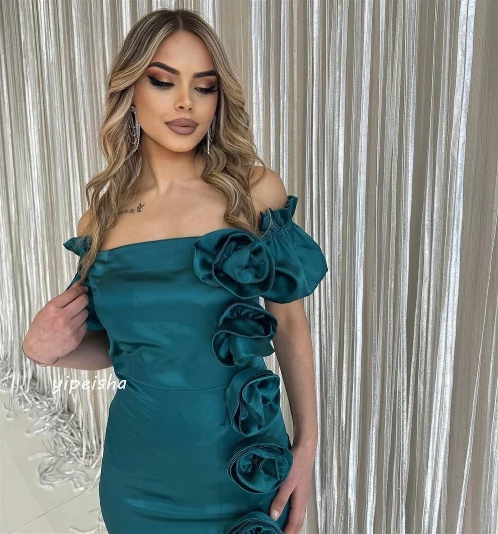 Personalizado noite arábia saudita flor ruched baile a linha fora do ombro vestido de ocasião sob medida vestidos longos