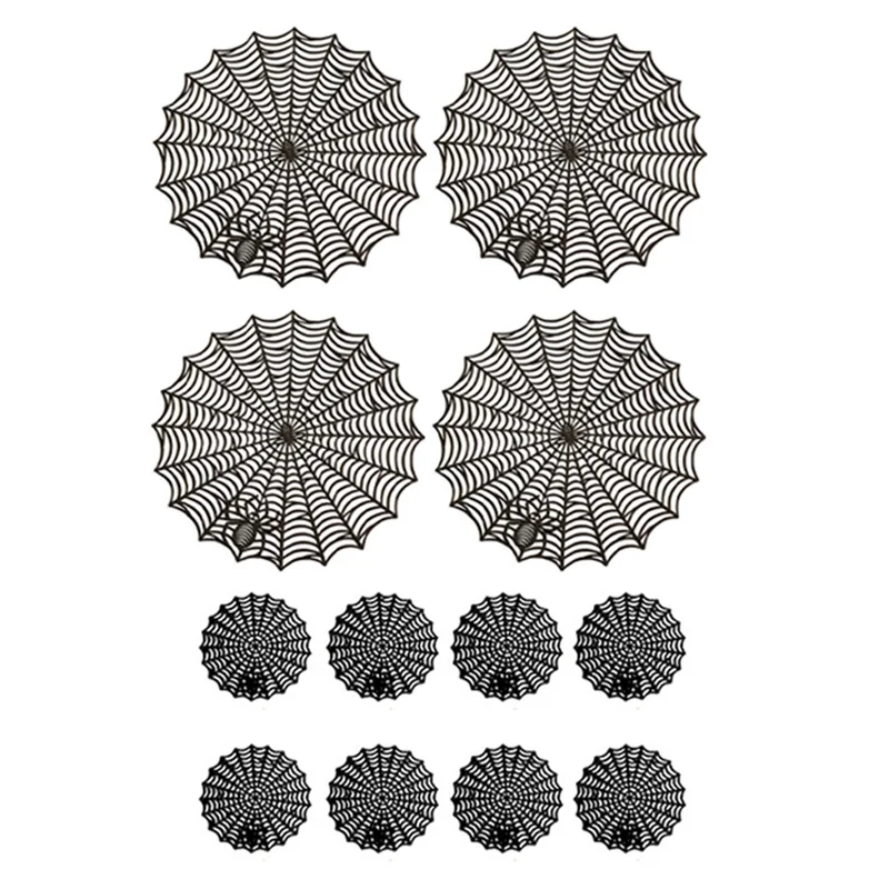 A96K-12Pcs 15Inch Halloween Spider Web Placemats 3.94Inch Cup Mat Halloween Placemats Spider Web Table Mats