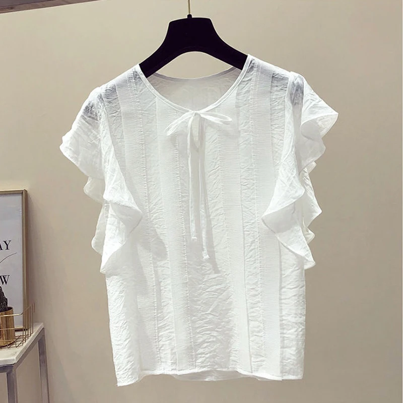 Women\'s Korean Ruffle Lace Up Chic Sweet Blouse Summer Trendy Round Neck Short Sleeve Shirt Solid Color Casual Tops Blusas Mujer