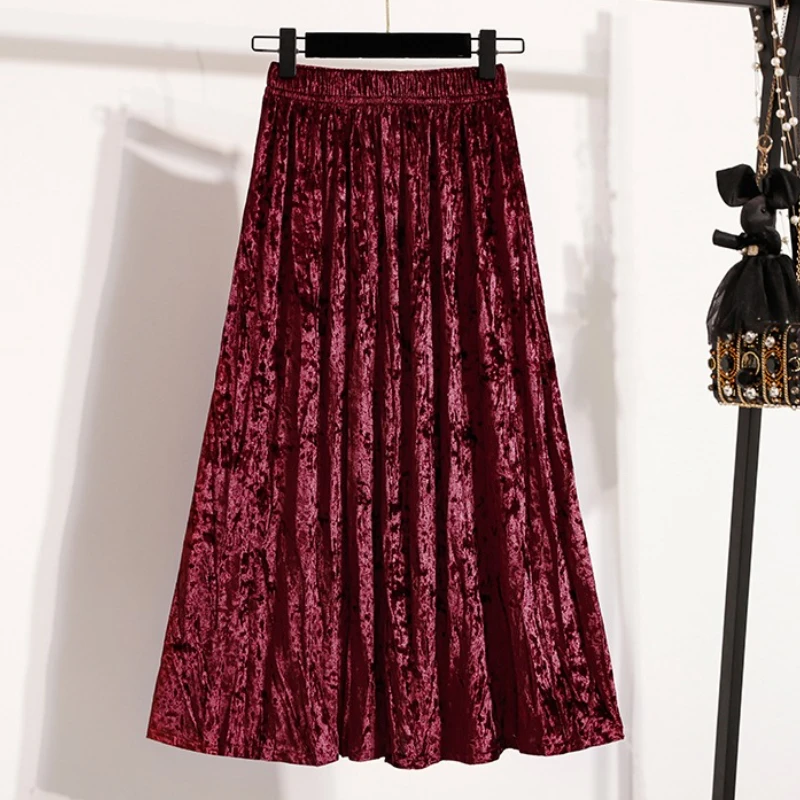 

Autumn Winter Girls New A-line Velvet Skirt 2025 Plus Size Gold Velvet Half Pleated Skirt Solid Versatile High Waist Mid Skirt