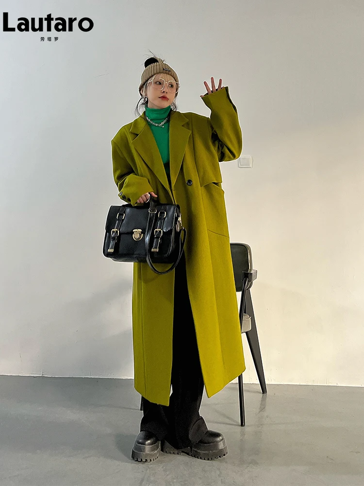 Lautaro Spring Autumn Long Green Oversized Trench Coat for Women Single Button Loose Luxury Casual Overcoat Korean Fashion 2022