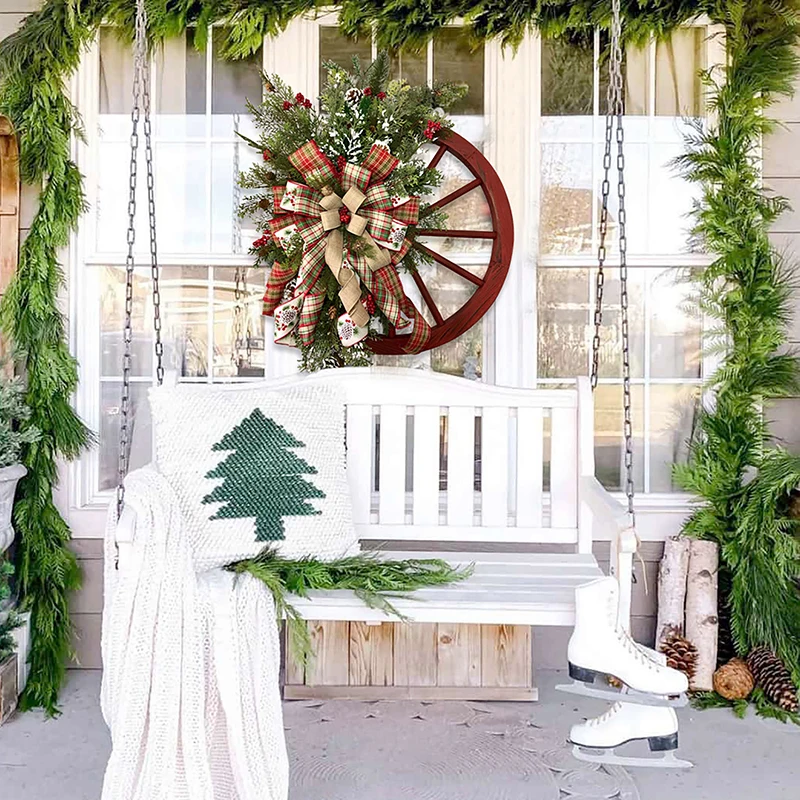 

1 Pc Winter Christmas Farmhouse Wheel Wreath Door Hangings Home Outdoor Decorations Christmas Decorative Items