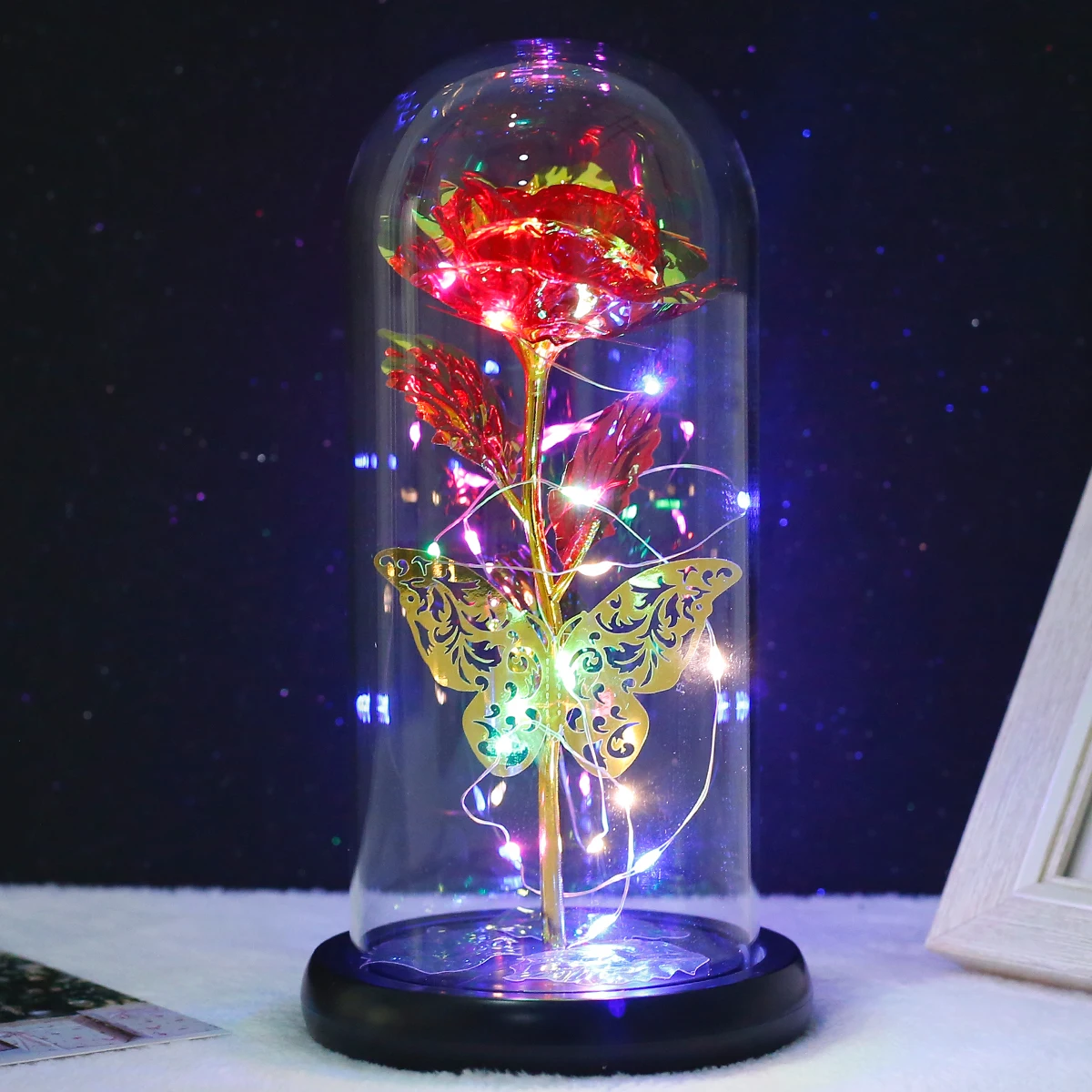 Rose Light Artificial Galaxy Rose Lamp with Butterfly and Colorful Rose Flower LED Light Artificial Flower Gift for Women Girls