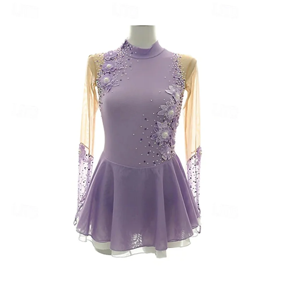 Figure Skating Dress Girls' Stretchy Training Practice Professional Skating Crystal / Rhinestone Long Sleeve