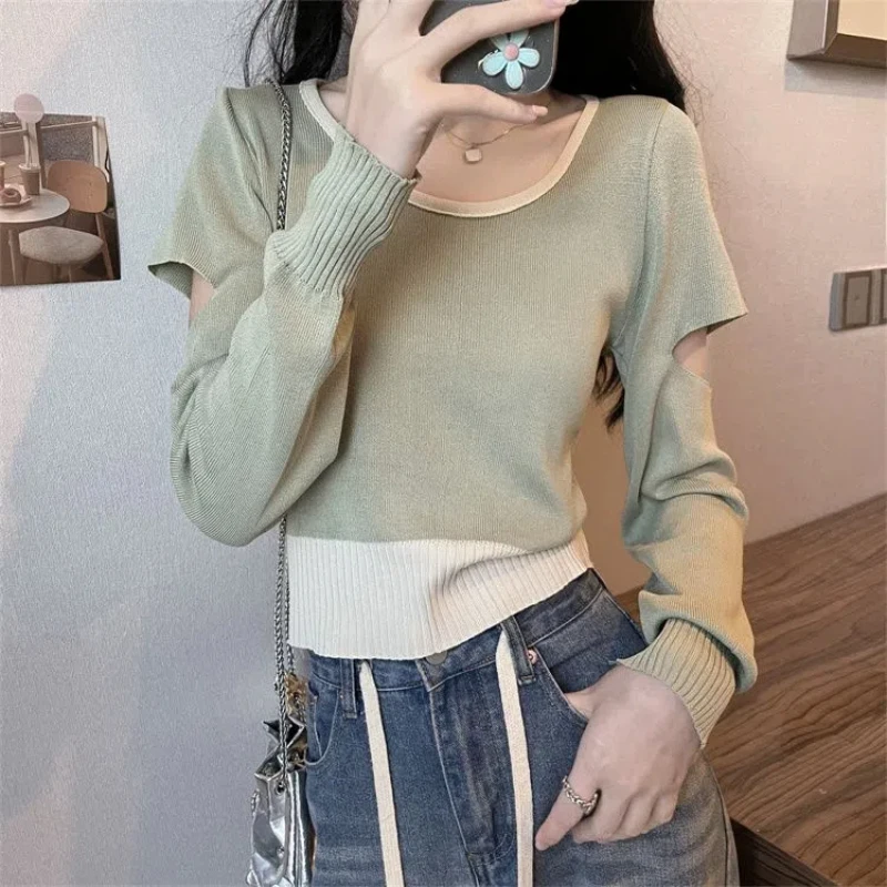 Fake Two Pieces Hollow Out Short Sweaters Autumn Long Sleeve Youth All-match Trend Pullovers Top Fashion Casual Women Clothing