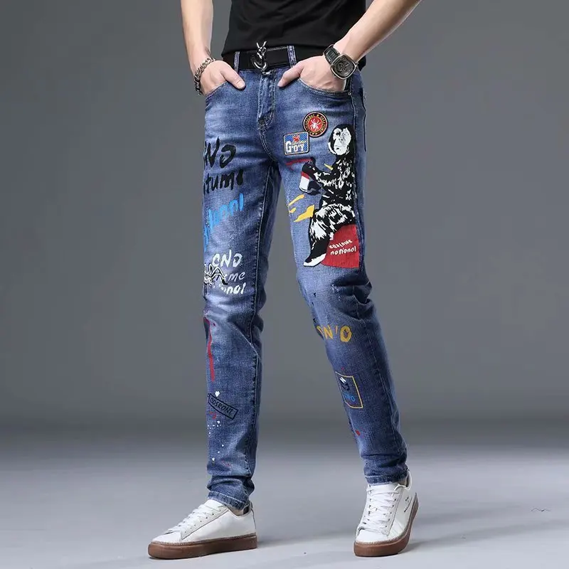 New Straight Graffiti Jeans Man Pants Spring Summer Boyfriend Slim Jeans Streetwear Skinny Zips Blue  Cacual Long Denim Trousers