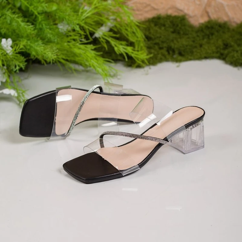 

Sheer Strap Block Heel Slippers Fashion Square Toe Open Toe Rhinestone Strap Anti-slip Wear-resistant Kitten Heels Sandals