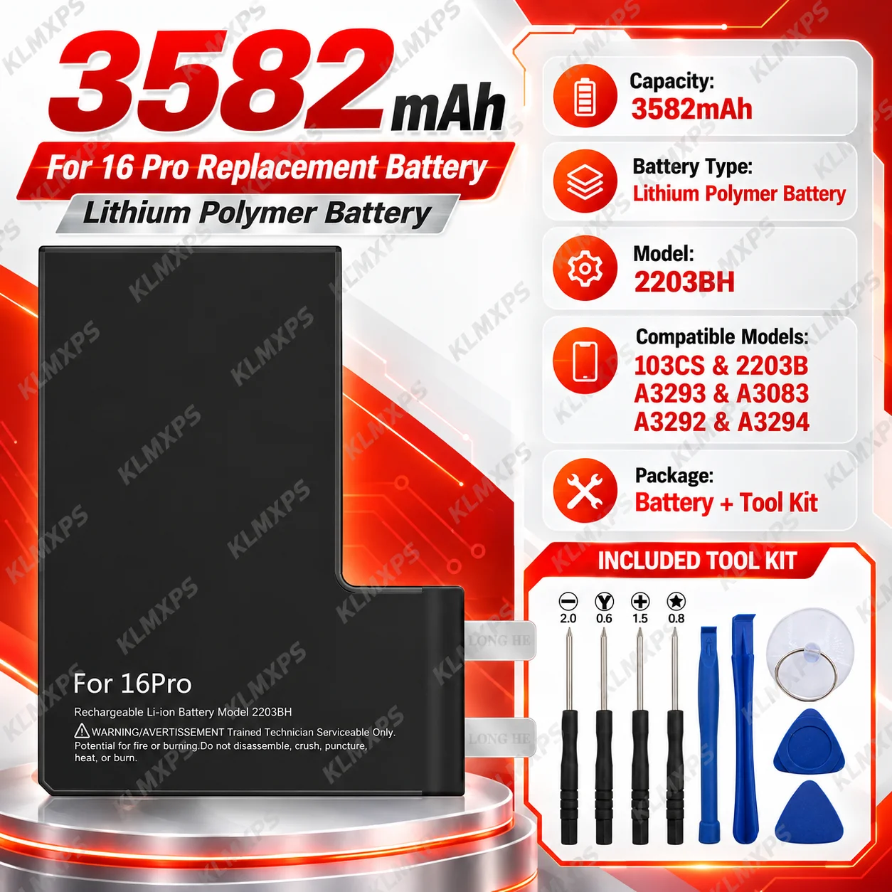 High Capacity Long Lasting Single Cell Li-ion Internal Replacement Battery For Apple iPhone 16 Pro 103CS 2203B A3293 A3083