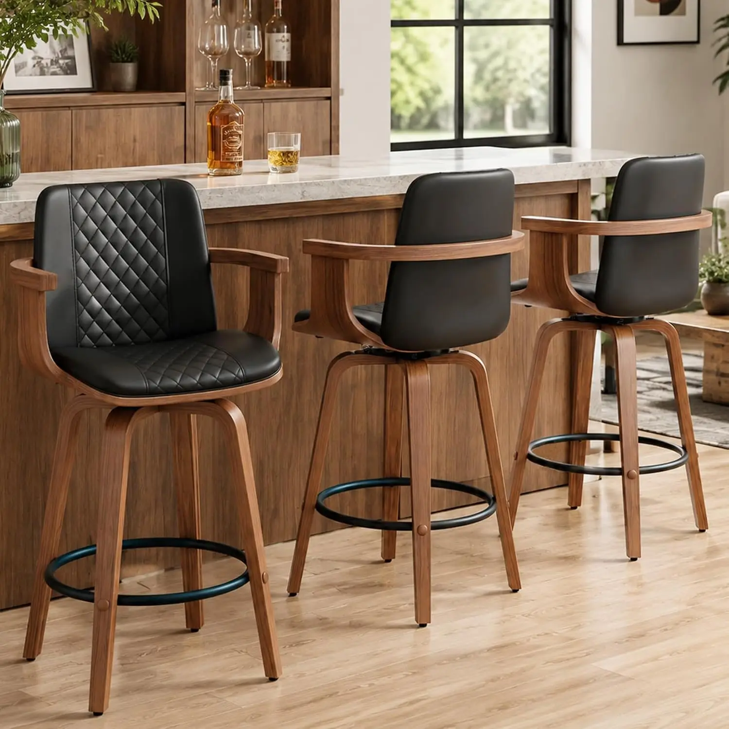 Set of 3 Swivel Bar Stools, 26 Inch Black PU Leather Counter Height Chairs with Arms and Back, 360° Swivel Bentwood Frame