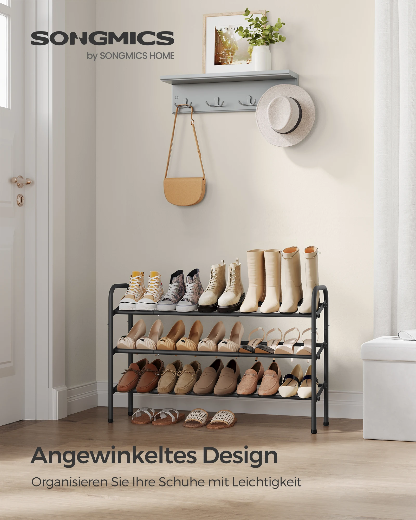SONGMICS Schuhregal, Schuhständer, 3 Ebenen, Metallregal, verstellbar, Schuhe,Standregal, für Flur, Garderobe, Eingangsbereich