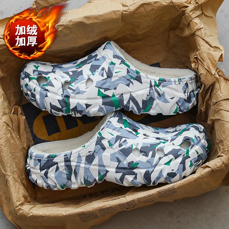 Men's Winter Indoor Clogs Fur Slippers Plush Half Shoes Slip-On Warm Garden Sandals Backless Home Cotton Shoes Keep Warm