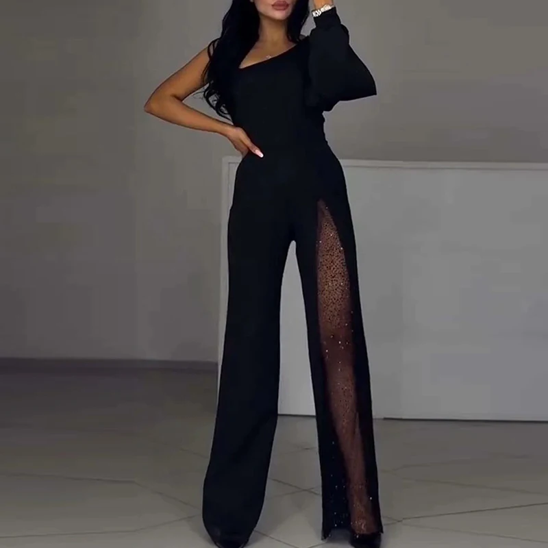 New Casual Women One Shoulder Sleeve Slim Romper Elegant Mesh Long Pants Playsuits Sexy Asymmetrical High Waist Party Jumpsuit