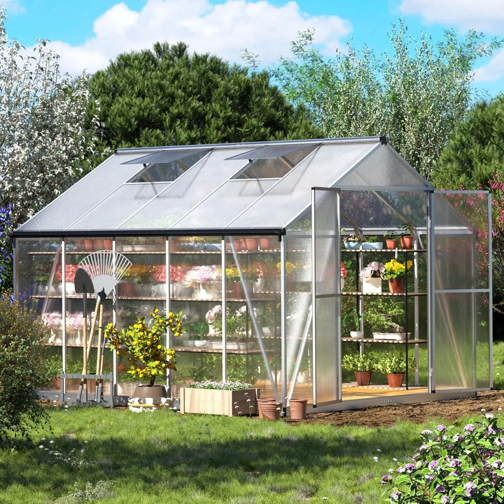 8x10 FT Greenhouse, Large Greenhouses with Updated Frame Structure Roof Vent and Lockable Doors, Aluminum Walk-in Greenhouse