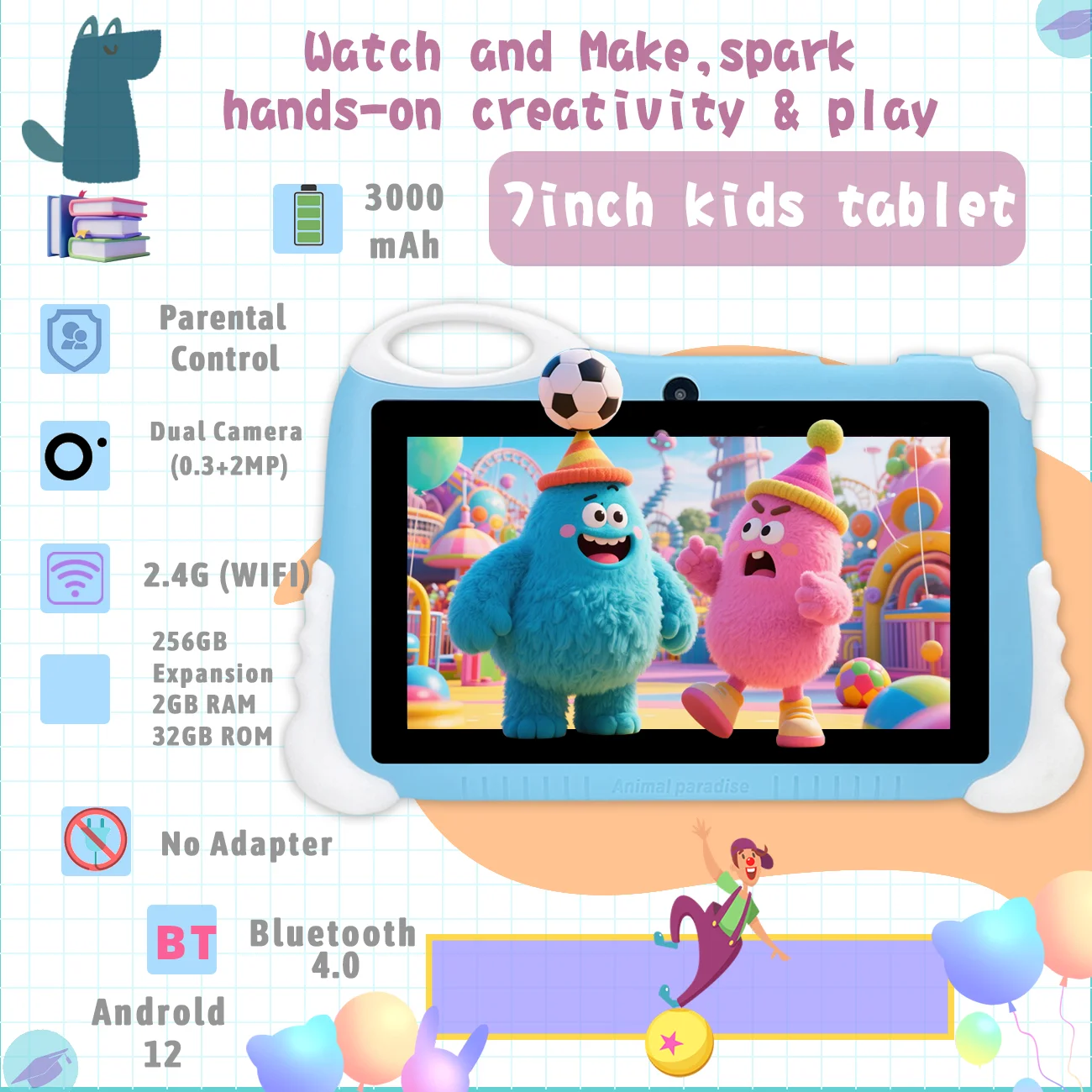 7-inch Android-kindertablet 12 onderwijstablet met dubbele camera's, ontworpen voor jongens en meisjes als leuke verjaardag, kerstcadeaus