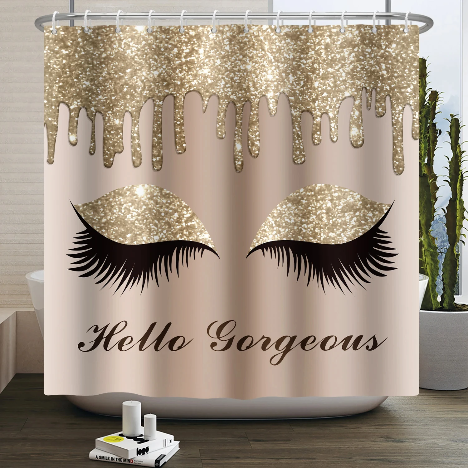 Girl Pink Silver Eyelash Shower Curtain Gorgeous Waterproof Polyester Fabric Bath Curtains Glitter Bathtub Screen with 12 Hooks