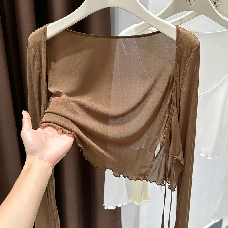 

KnitFemm Lace Trim Brown Mesh Cardigan Women's Lightweight Cover-Up Beach Wedding Office Shawl Summer Thin Airy Blouse