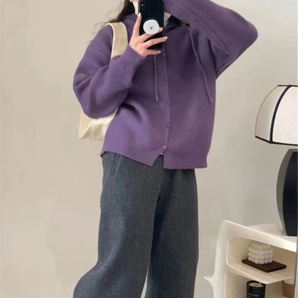 

Женский вязаный свитер с капюшоном ярких цветов, свободный крой в японском стиле, новый синий топ в ленивом стиле