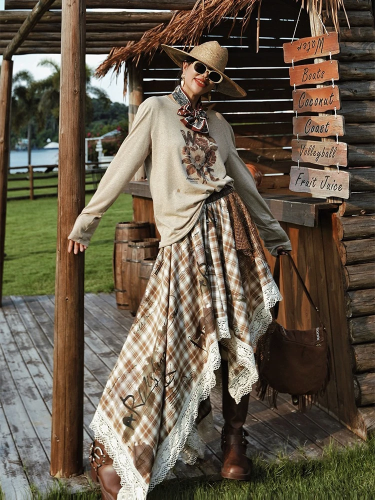 

66-80 см талия весна осень длинные юбки женские персонализированные клетчатые кружевные лоскутные юбки нерегулярной формы с принтом