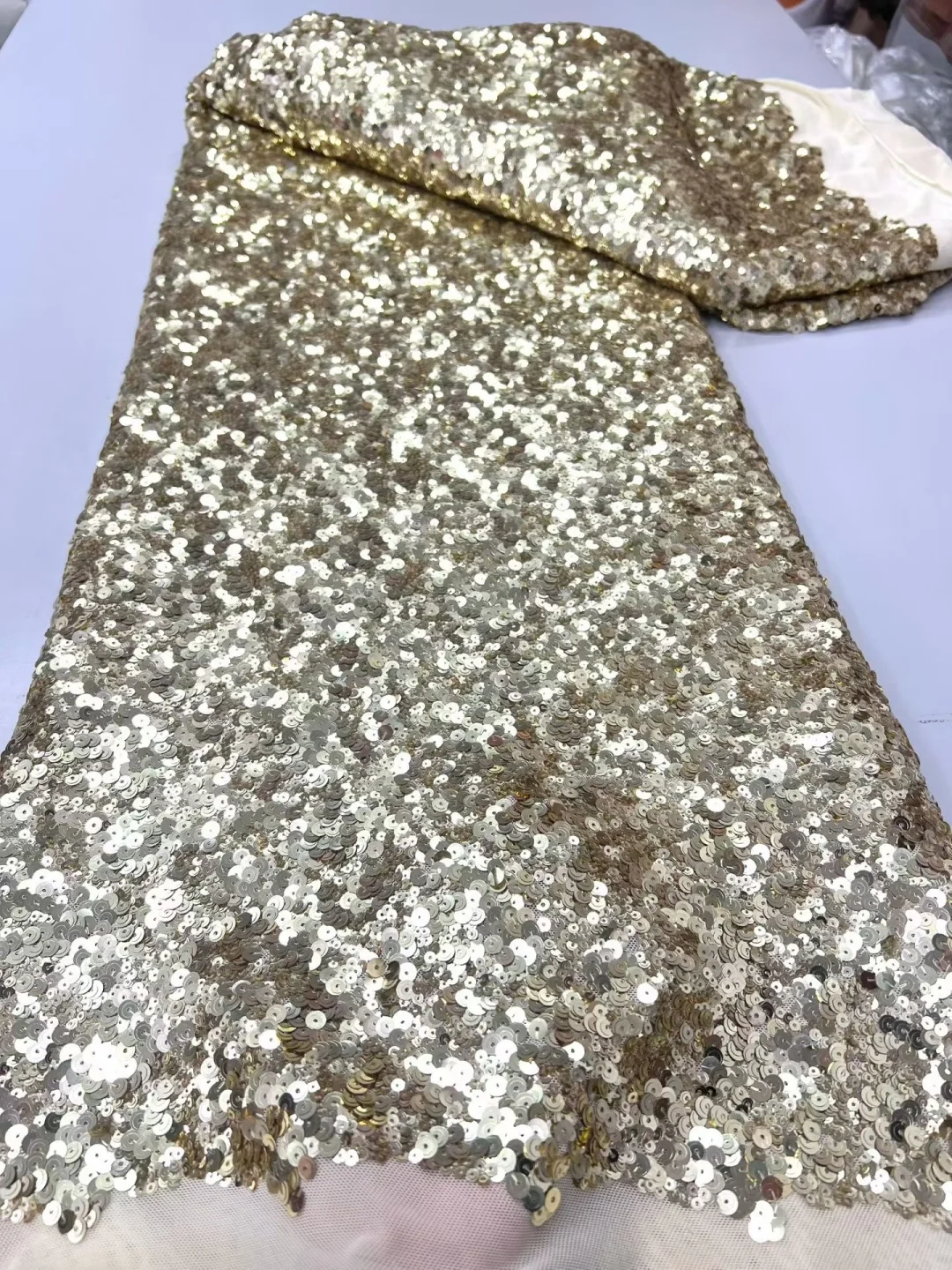 5 Yard Luxury Mixed Size Gold Champagne Sequin Tulle Fabric, All Over Sparkly Mottled Sequin Mesh for Wedding Evening Prom Dress