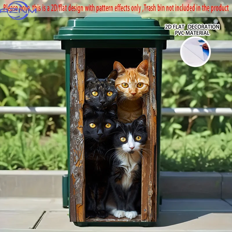 2D Flat Printing 1pc 2D Pattern Printed Kitchen Trash Can Sticker xcm, Four Cats Looking Out the Window Together Theme Kitchen