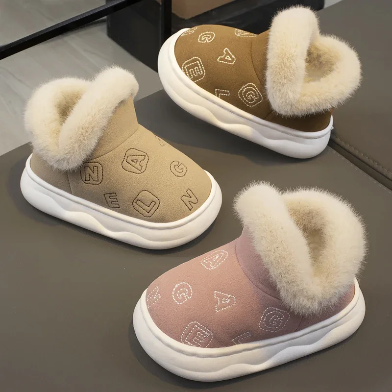 Fashion Winter Children\'s Fluffy Home Shoes Cover Heel Boys Girls Casual Boots Non-slip Warm Kids Slip On Cotton-padded Shoes