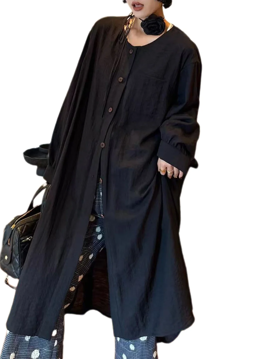 Ele Bla Long Sve irt Dr レディース ルーズ カジュアル スリミング 秋 アウター トップス ボタンアップ ミッドレングス ヴィンテージ スレ