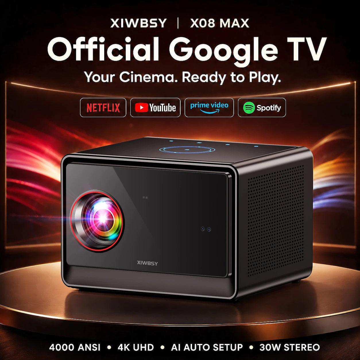 Projecteur optique scellé XIWBSY Android 14.0 4000 ANSI Lumens, projecteur home cinéma Google TV, licence officielle Netflix, projecteur 4K