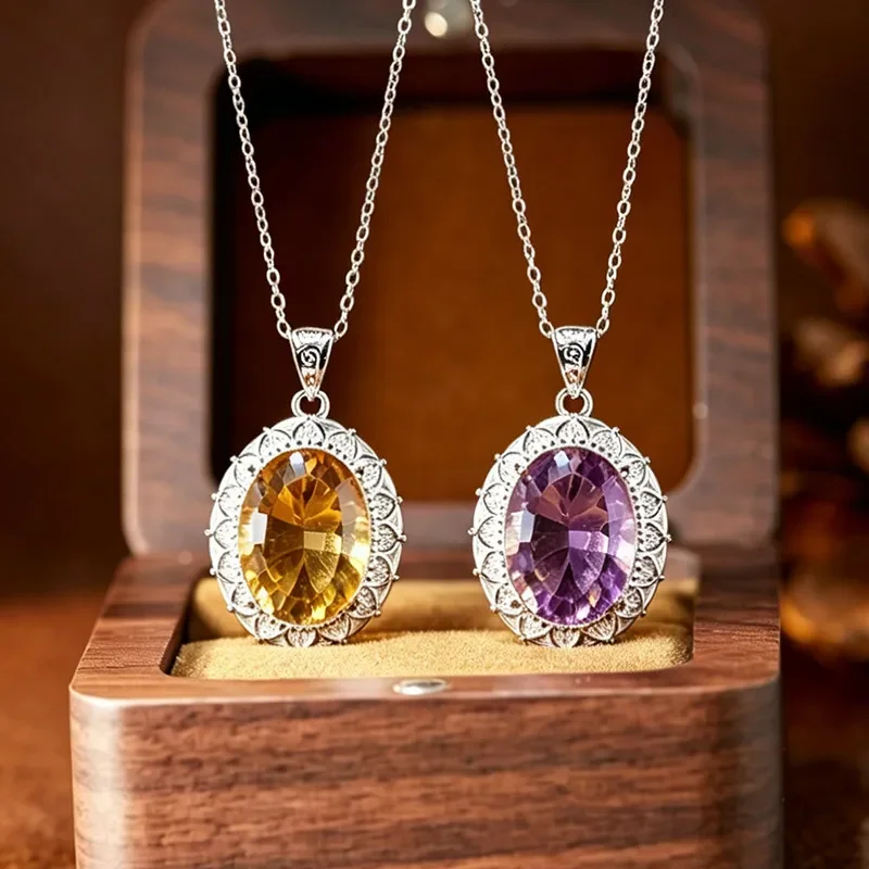 Big Carat Millennium Cut Natural Citrine Amethyst Ring Women's S925 Sterling Silver Color Treasure Jewelry Factory Wholesale