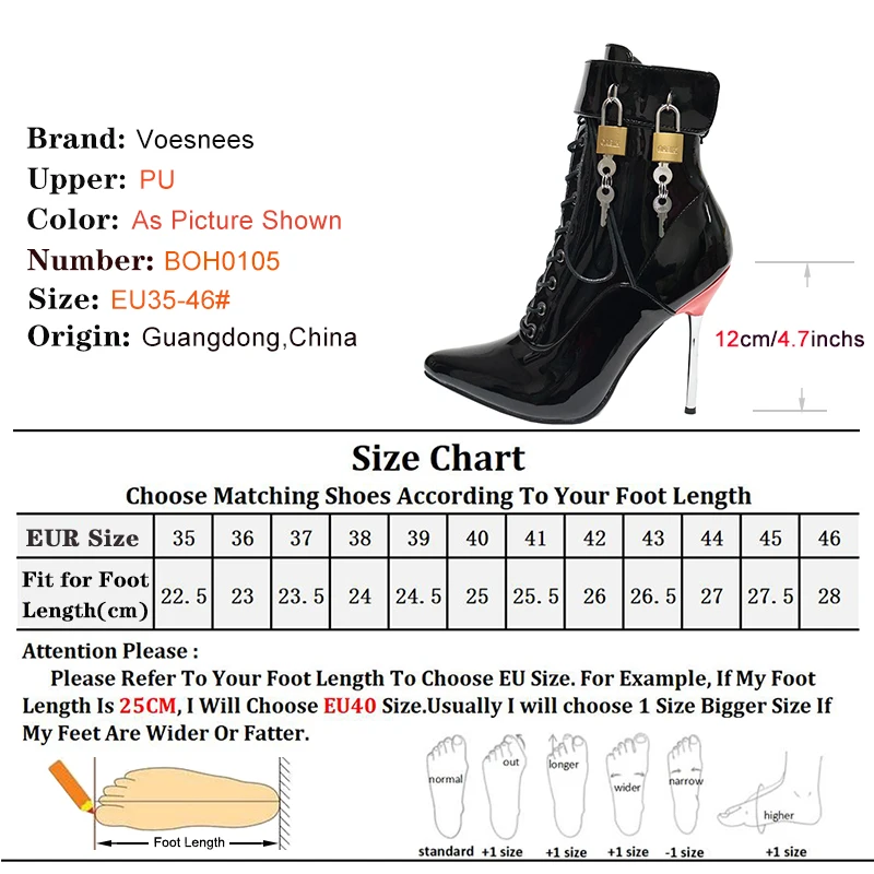 Women Pointed Toe Ankle Strap Boot 12cm Sexy Cross-tied Metal Thin High Shoes Stiletto Buckle Boots with Padlocks Lockable Boots