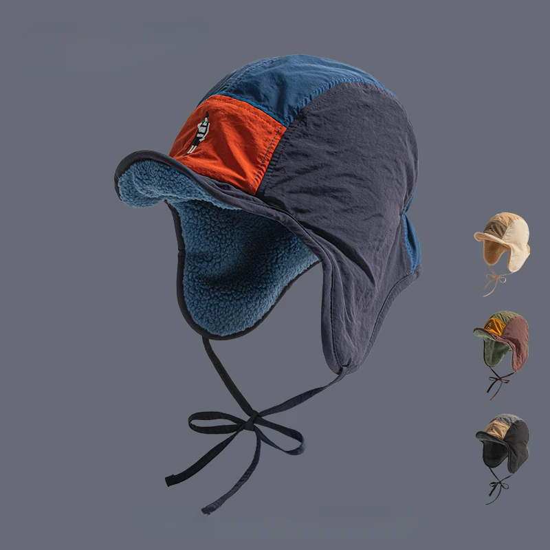 Japanse vijfpaneel bijpassende geborduurde baseballpet voor mannen en vrouwen Winterfleece Warme gehoorbescherming Ski-vluchthoed