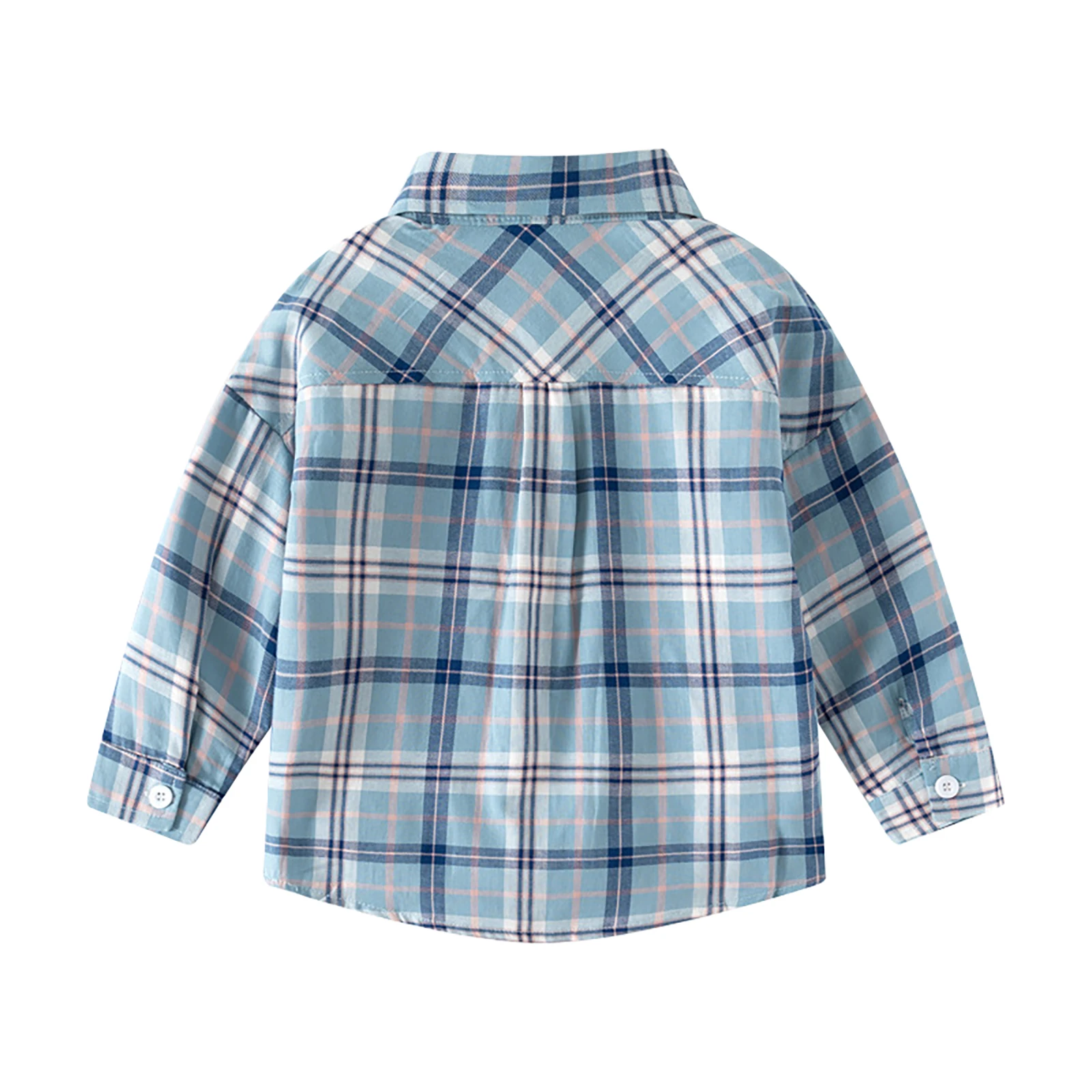 Baby BoysCotton Plaid Shirt Soft Sky Blue Button Up Pointed Turn-down Collar Long Sleeve Single Pocket Plaid Shirt Top