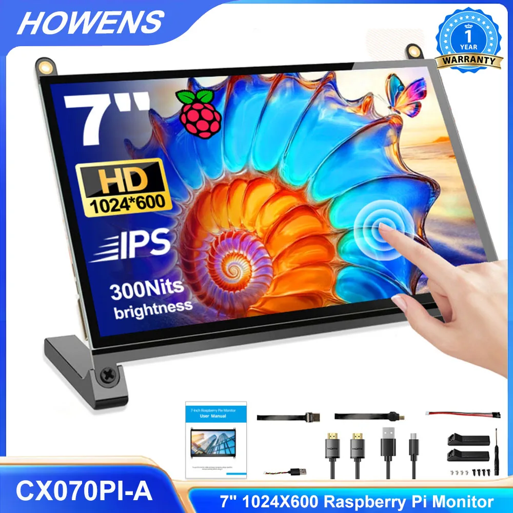 HOWENS 7 Inch Raspberry Pi 4/3/2/B/B+/A+ Monitor 1024x600 IPS 5-Points Capacitive Touchscreen Drive HDMI Display For Win 7/8/10