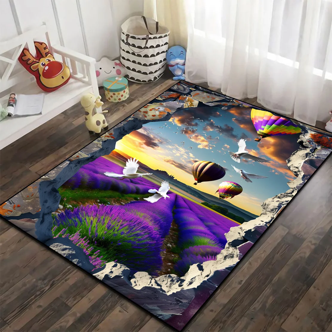 Modern 3D Purple Lavender Carpet Children Bedroom Bedside Rug Hot Air Balloon Birds Decor Carpets Home Living Room Soft Foot Mat