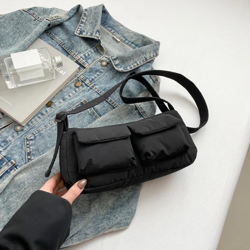 Damen-Umhängetasche aus Nylon mit großem Fassungsvermögen und Reißverschluss, einfarbig, lässig, Schultertasche, Hobos für Party, Urlaub – Detail 8