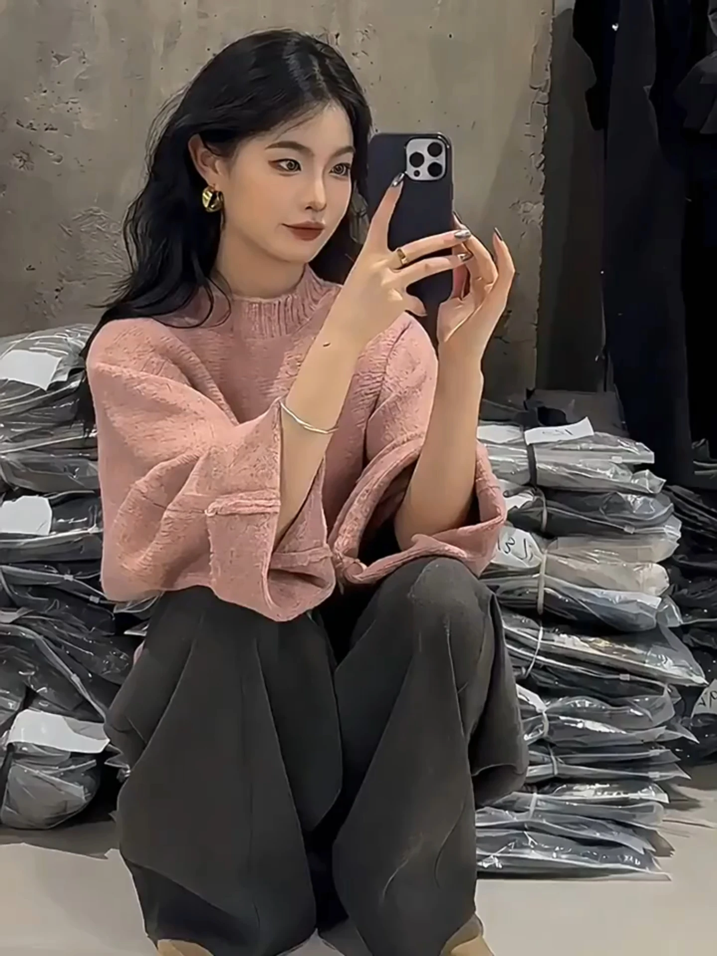 الوردي عالية الياقة فضفاضة Batwing Sve سترة المرأة الخريف الشتاء لينة مريحة محبوك أعلى التخسيس تصميم فريد Sle