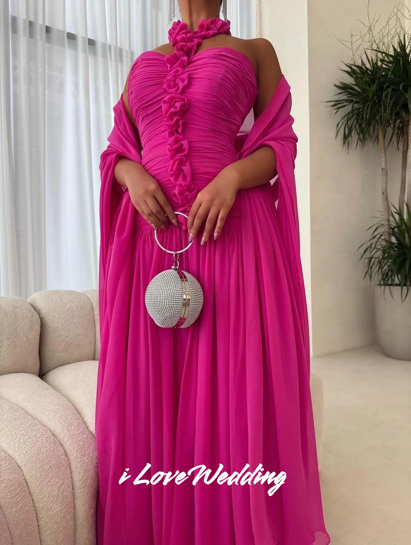 

Pink Halter 3D Flower Evening Dress Chiffon Sweetheart Shawl A-Line Floor-Length Formal Gown for Woman Pleated Modern Customized