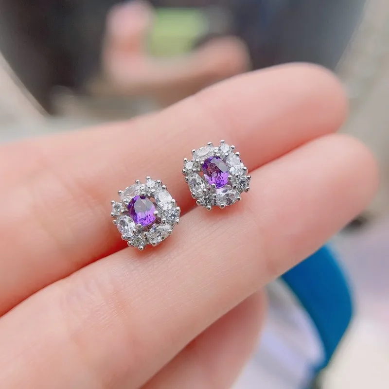 Natural Amethyst Stud Earrings for Women Real 925 Sterling Silver Vintage Femme Gift Prevent Allergy Fine Jewelry Stone