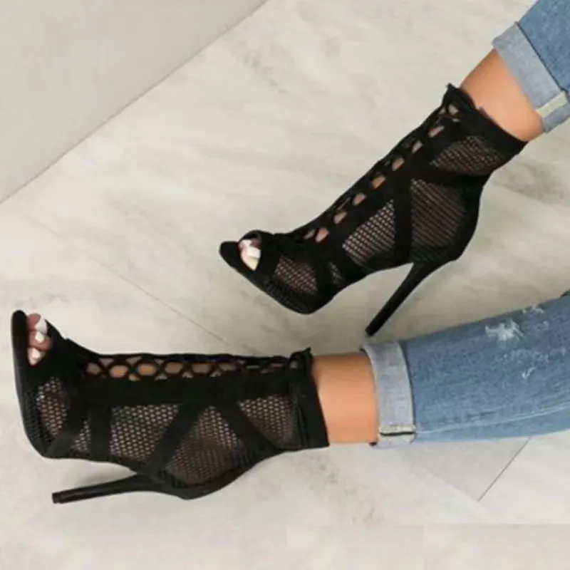 Women\'s High Top Dance Shoes Black Ballroom Boots Salsa Tango Shoes Girl Fashion Party Mesh Cutout High Heel Sandals Summer 2023