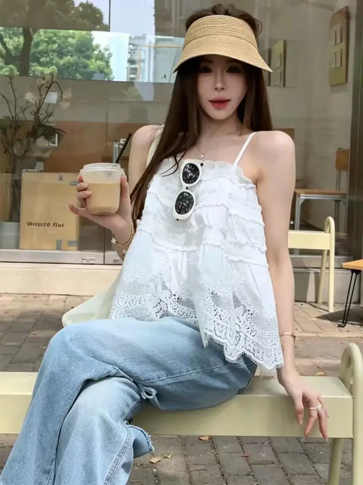 Sweet Style Hollow out Lace Patchwork Strapless Vest Women's Loose Slimming Summer Top Trendy A-Line Narrow Strap Vest
