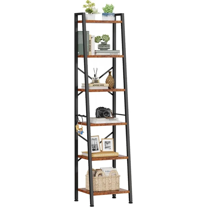 

6 Tier Ladder Shelf,Tall Bookshelf with 2 Hooks,Industrial Bookcase Standing Shelf Unts,Corner Storage Organizer for Living Room
